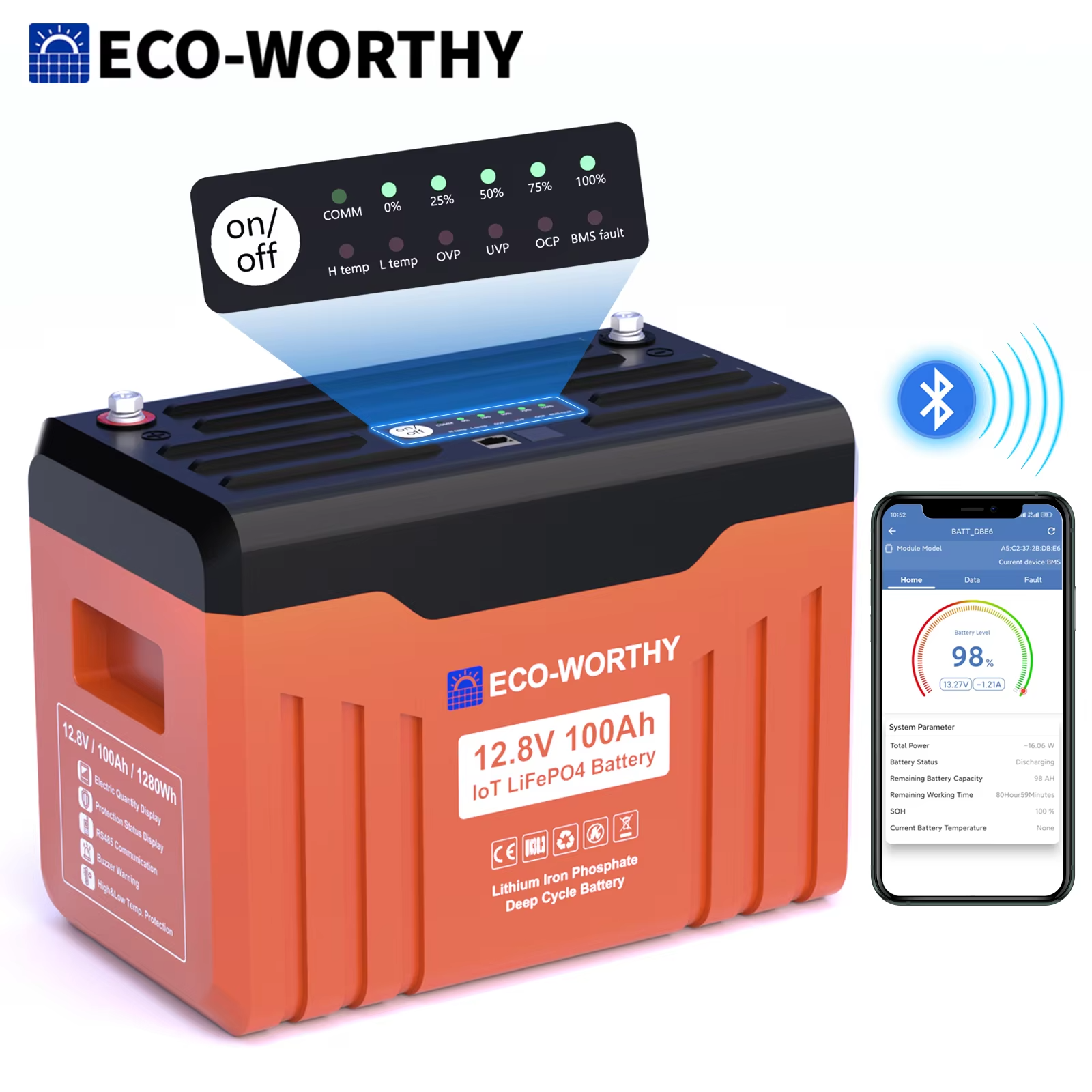 ECO-WORTHY 12V 100AH LiFePO4 Lithium Battery with Bluetooth — 1280Wh, Low-Temp Protection view 3