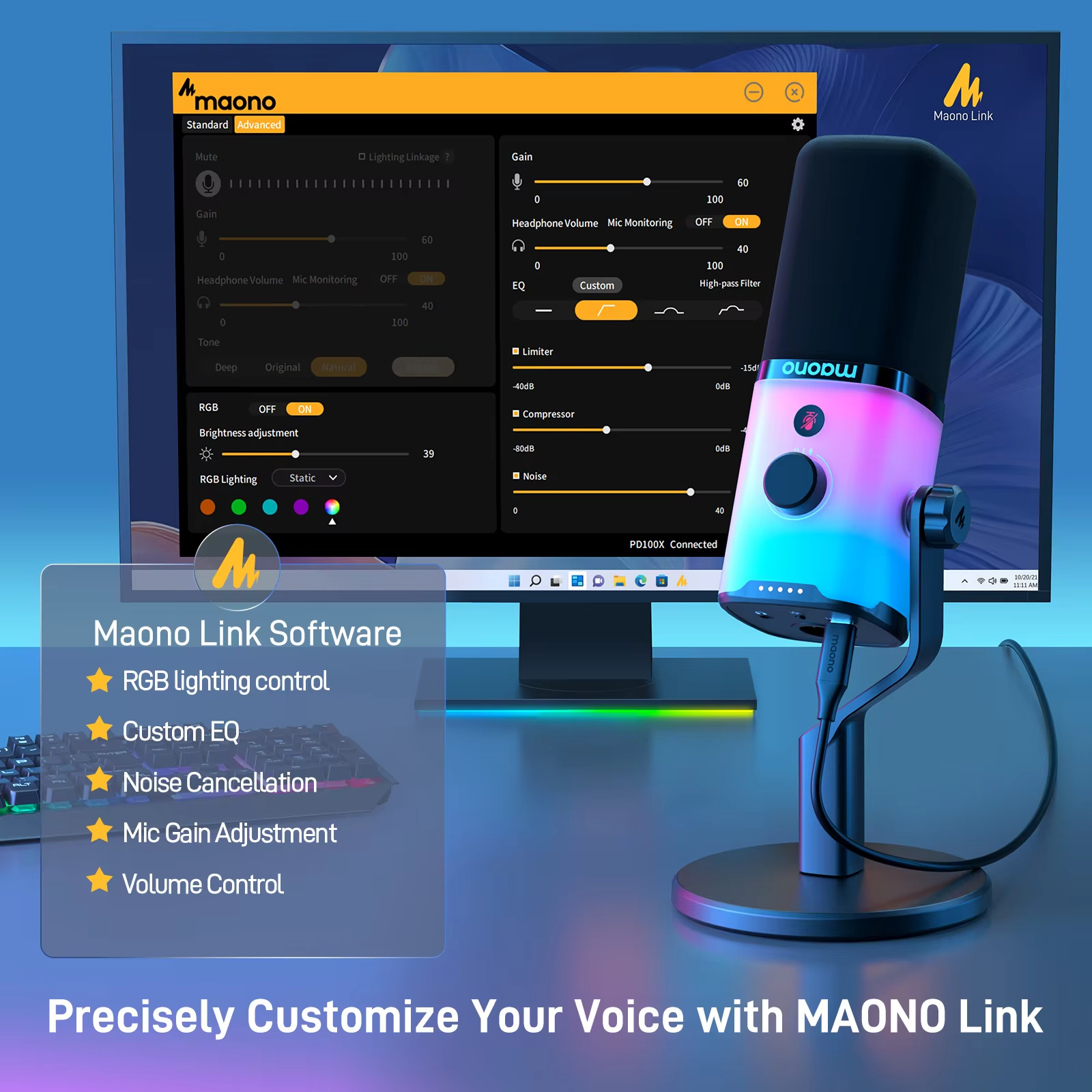 MAONO PD100X USB/XLR Dynamic Gaming Microphone — RGB, Noise Reduction, Headphone Jack