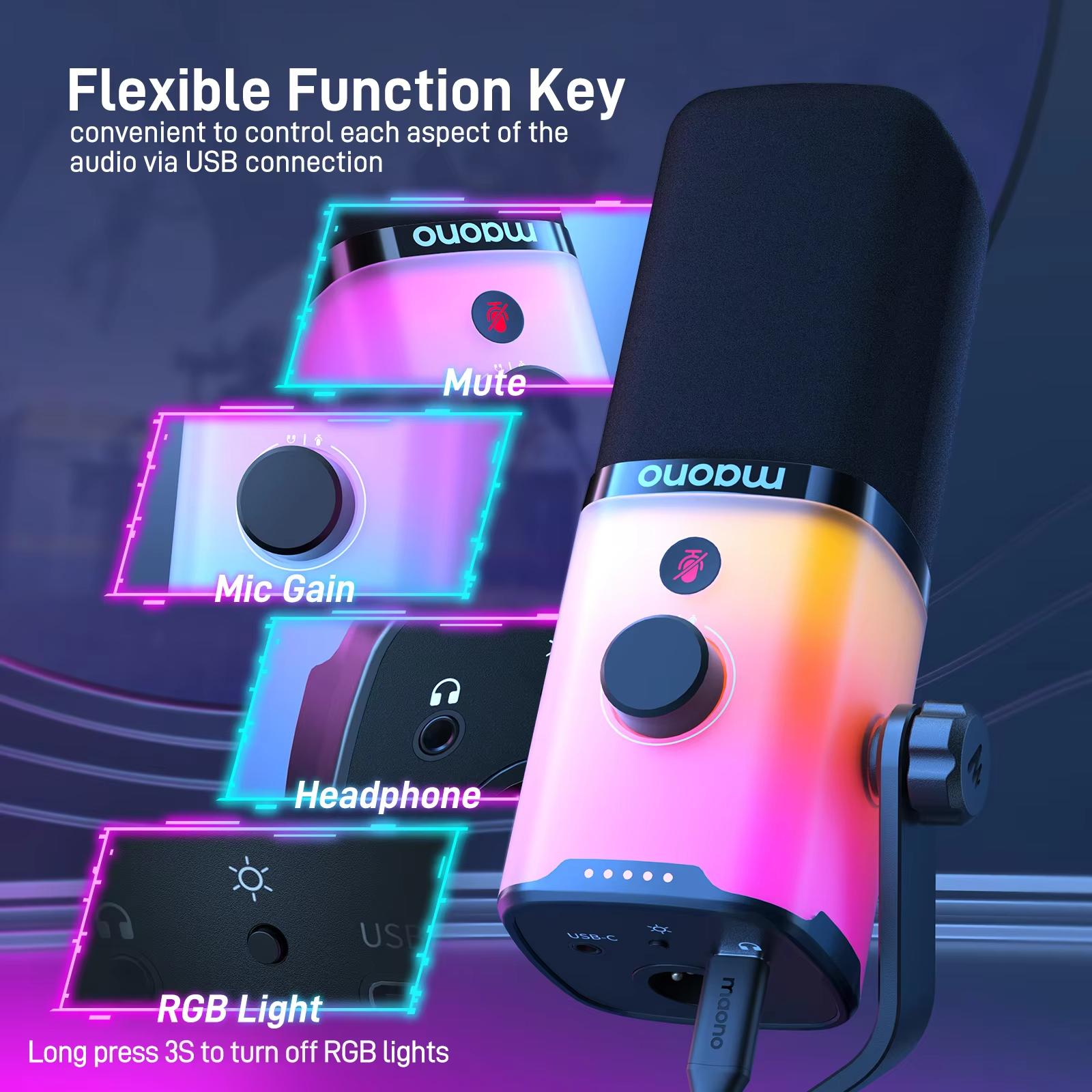 MAONO PD100X USB/XLR Dynamic Gaming Microphone — RGB, Noise Reduction, Headphone Jack view 2