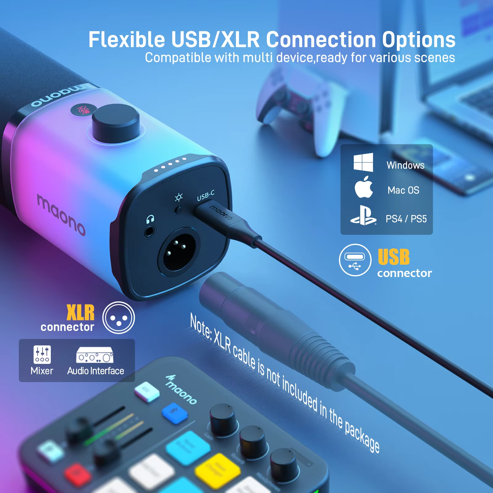 MAONO PD100X USB/XLR Dynamic Gaming Microphone — RGB, Noise Reduction, Headphone Jack view 5